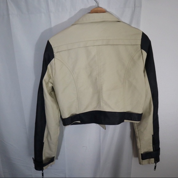 Black/Cream Color Block Cropped Leather Jacket - Picture 6 of 6